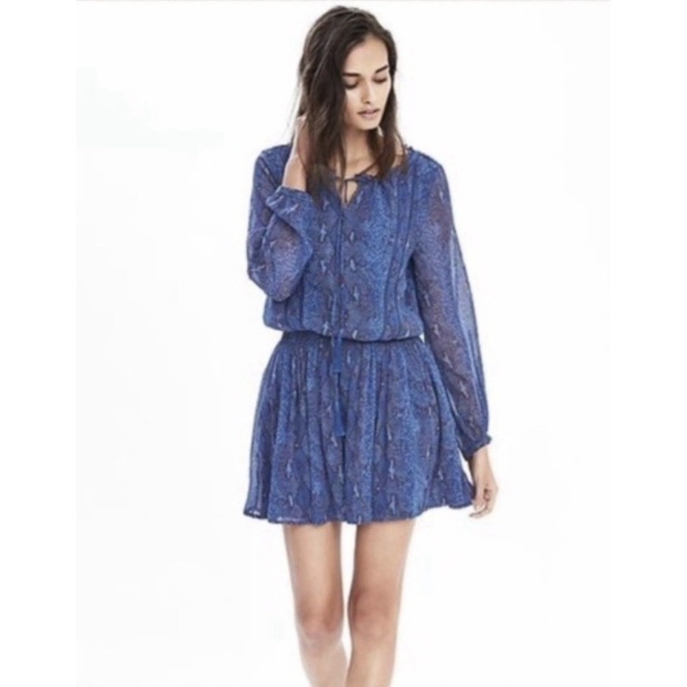 Banana Republic Blue Snakeskin Print Dress Bohemian Smocked Flowy Size L $138